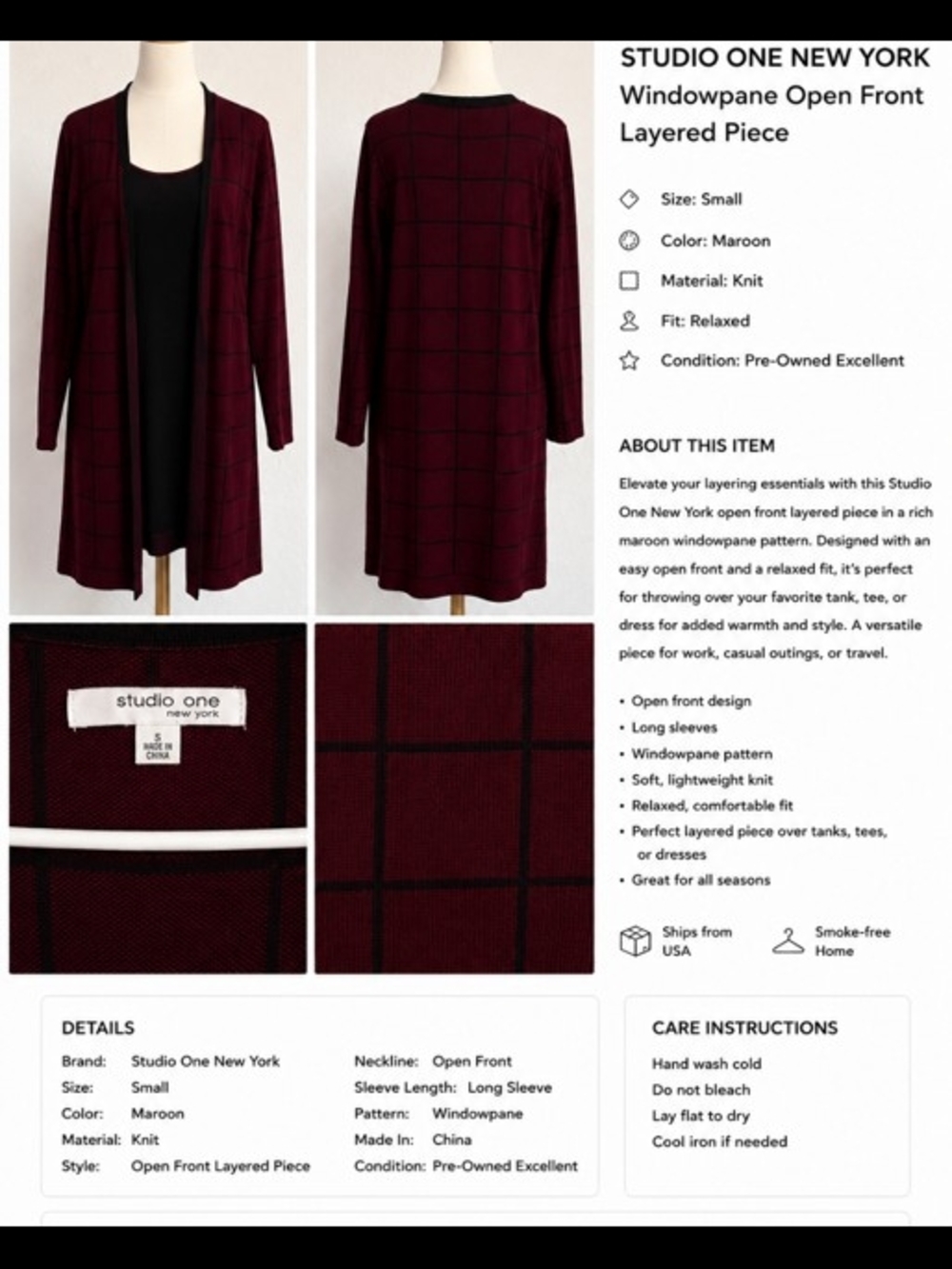 Studio One New York Maroon Windowpane Midi Dress Layered One Piece S - Picture 1 of 8